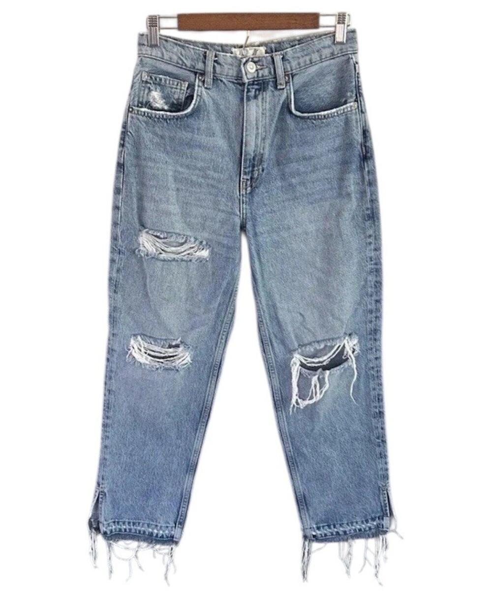 Free People Straight Leg Jeans Womens 27 High Rise Distressed Raw Hem Denim